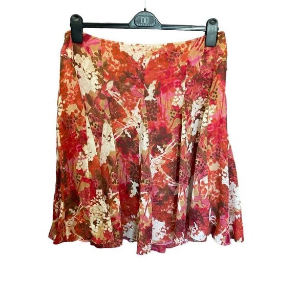 Sigrid Olsen Midi Skirt Silk Floral Print Brown Red Orange Pink Zipper Lined 14 - Picture 1 of 11